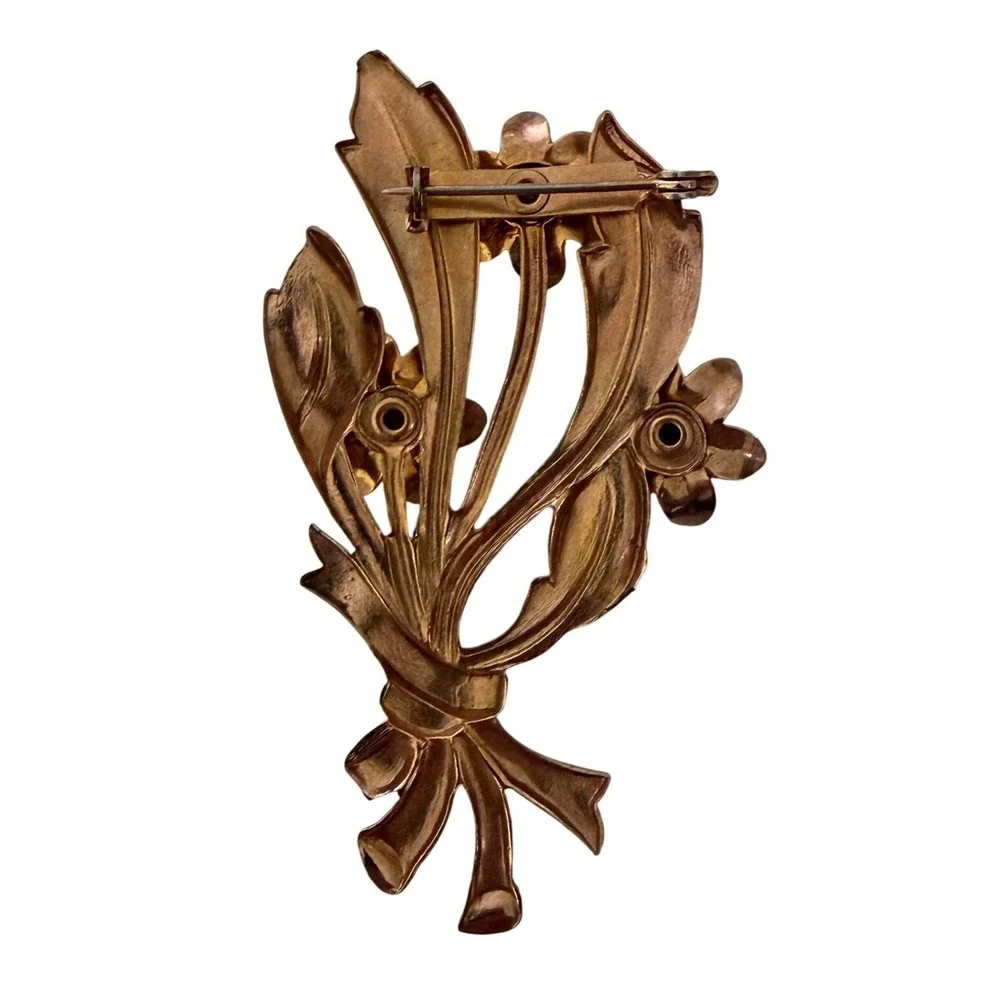 Vintage Gold Tone Purple Rhinestone Flower Bouquet Brooch Floral Pin Mid Century